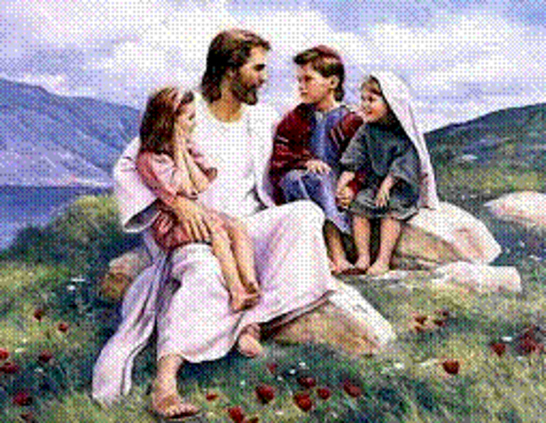 Jesus teaches children on a hill