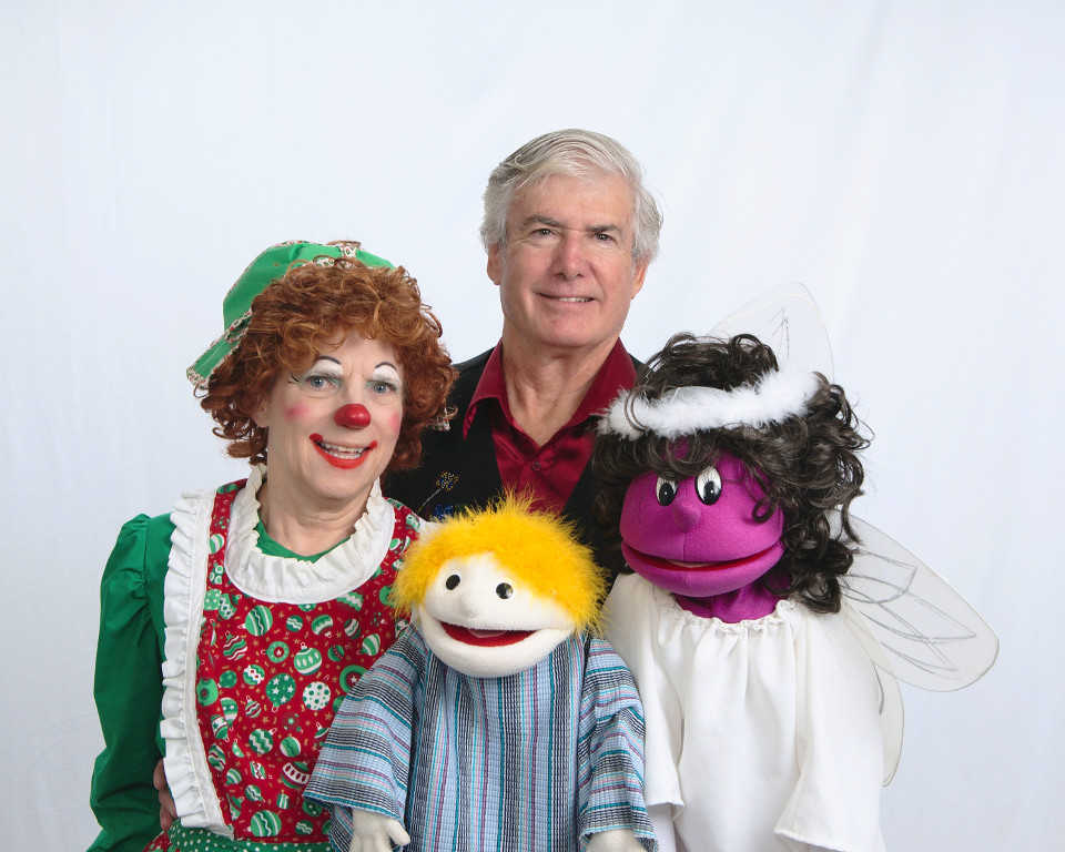 Rainbow, Mr. T, blonde puppet, and angel puppet